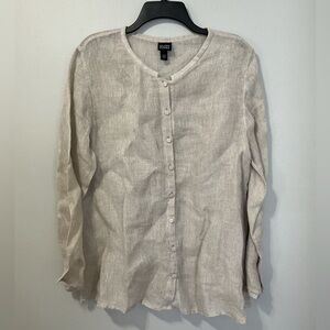 EILEEN FISHER Organic Linen Banded Collar Button Down Top Beige Size L
